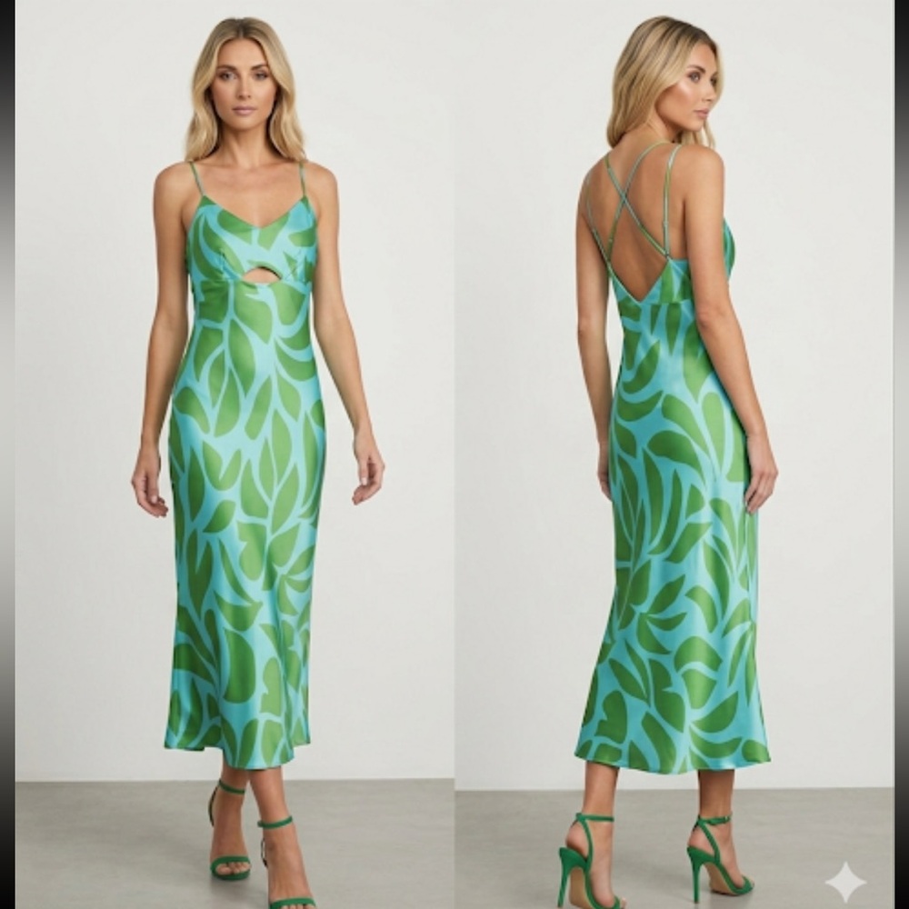 House of Harlow 1960 Green & Aqua Leaf-Print Midi Dress